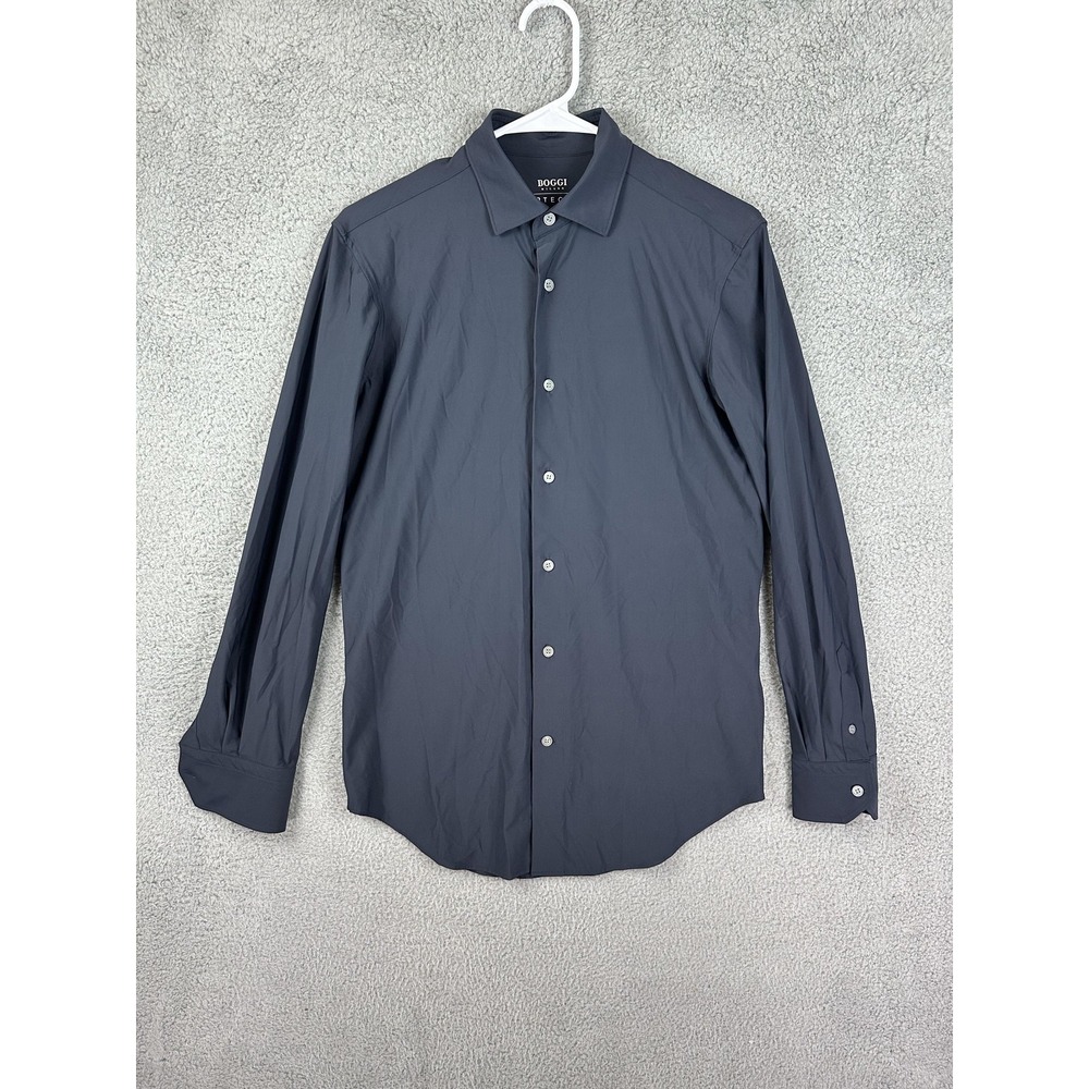 Boggi Milano B Tech Shirt Mens Small Navy Blue Button Up Stretch Dress Modern